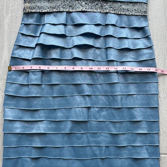 Adrianna Papell Blue Tiered Satin Dress & Jacket Set Beaded Waist Size 10 - Picture 14 of 17